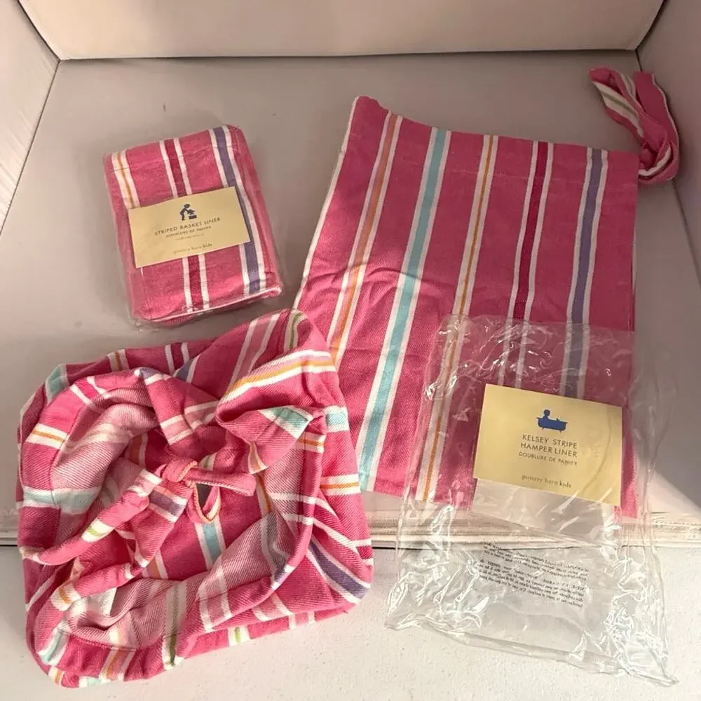 Pottery Barn Kids pink stripe bundle 1 hamper liner, 1 curtain, 2 basket liners